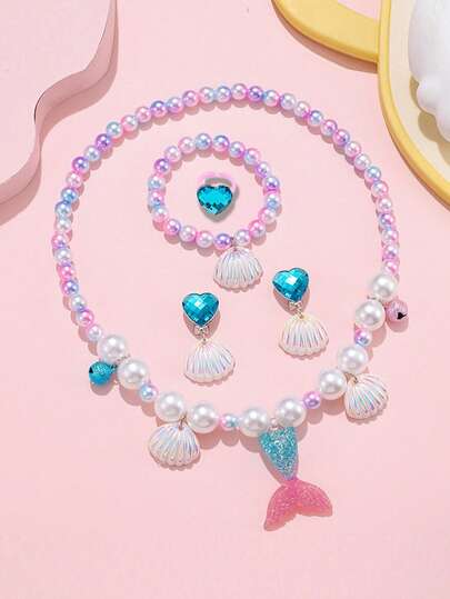 5件套儿童可爱美人鱼公主首饰套装，包括项链、手链、耳环、戒指，适合女孩派对礼物/生日礼物/节日礼物