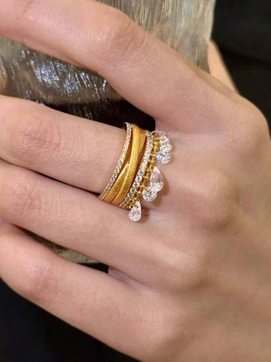 1 件多层时尚镀金戒指套装，带锆石水晶流苏，可调节开口戒指，适合婚礼、派对的珠宝 - 金色 - 查看 1