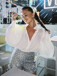 Women's Elegant Long Sleeve Collared Shirt, Button Front, Woven Fabric, Regular Length Top Spring - White - View 5