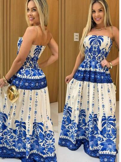 Vestido LONGO Verão Estampado Azul Tomara que Caia Com Elastex