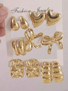 1/5 Paar modische goldene Blumen-, Herz-, Schleifen- und Diamant-förmige Ohrringe Set, geeignet für den täglichen Gebrauch von Frauen - Gold - Übersicht 10