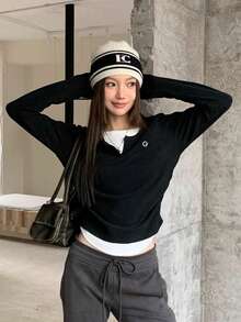 Unique Design Waist Cinching Long Sleeve T-Shirt, Embroidered Slim Fit Layering Top, Autumn