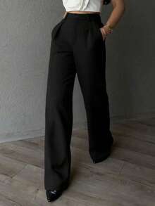 Pantalones de pierna ancha con cintura alta y bolsillos en diagonal para tallas grandes