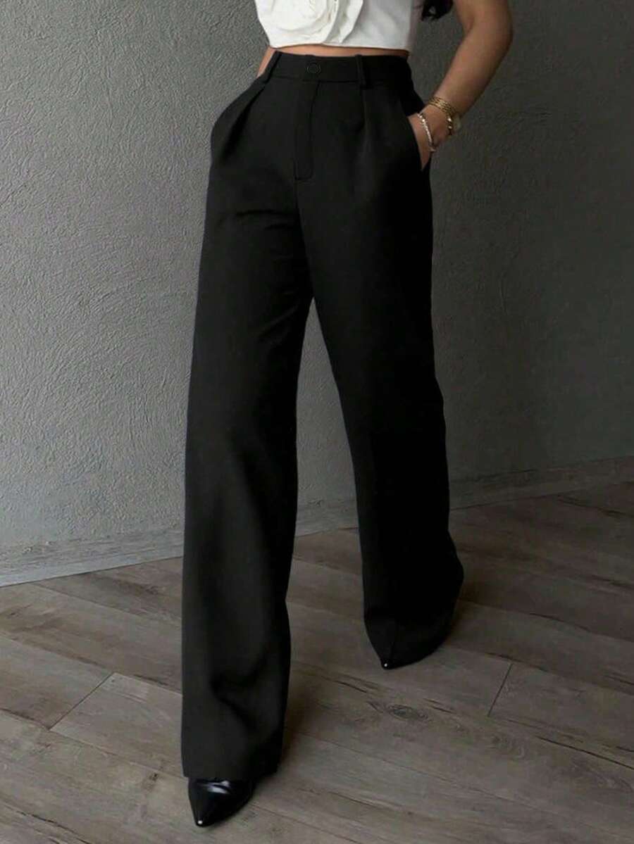 Pantalones de pierna ancha con cintura alta y bolsillos en diagonal para tallas grandes