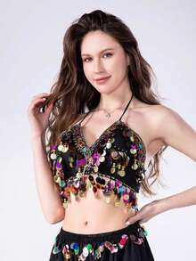一件亮片流苏上衣，光泽皮革彩色舞台服装，适合万圣节、狂欢节、街头风格、舞台表演、夜店迪斯科等场合，百搭连衣裙 - 彩色 - 查看 12
