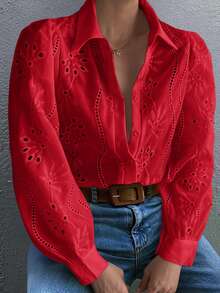 Vaiaye Women's Embroidered Solid Color Lace-Up Long Sleeve Top, Suitable For Valentine's Day, Everyday Wear, Travel, Mother's Day, Birthday And Party Occasions - Red - View 2