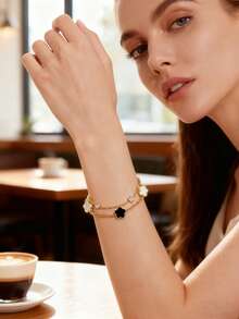 1 件不锈钢金色五瓣花和贝壳多层手链，简约风格，适合女士 - 黃色 - 查看 3