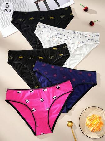 5 piezas de bragas triangulares de algodón con estampados lindos y alegres para mujeres, con diseños de letras, animales y lunares, ropa interior cómoda para el hogar