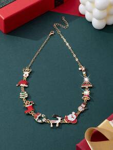 1 件圣诞合金珐琅圣诞树、驯鹿、雪花简约项链，适合女性、日常佩戴和节日礼物 - 金色 - 查看 3