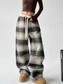 女士格子抽绳阔腿涤纶裤