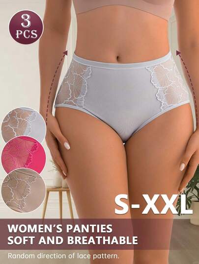 3pcs Women's Sexy Lace Print Breathable Comfortable Briefs
