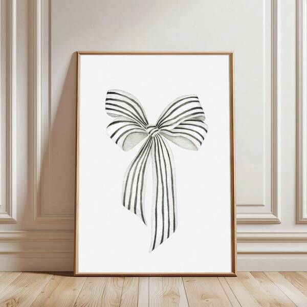 1 pieza Cartel de lienzo con lazo a rayas enmarcado/sin enmarcar Chic blanco y negro Moda Obra de arte de pared Impresión de lienzo Decoración minimalista para habitación de niña Decoración estética de dopamina Pintura moderna para dormitorio, sala de estar, dormitorio, decoración del hogar