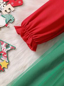 Christmas New Cute Baby Girl Casual Round Neck Long Sleeve Cartoon Santa Claus Mesh Patchwork Dress, Spring/Autumn