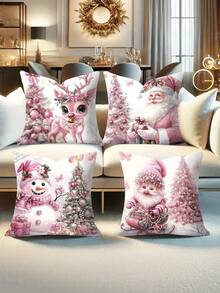 4 件套节日圣诞抱枕套，17.2 英寸 x 17.2 英寸，图案包括雪人、驯鹿、圣诞老人和小矮人，拉链式涤纶抱枕套，适用于客厅沙发装饰，现代风格，可机洗，不含枕芯，圣诞抱枕套 - 粉色 - 查看 2