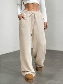 Women's Beige Ribbed Wide Leg Drawstring Pants, Casual High Waist Baggy Trousers - Apricot - View 8