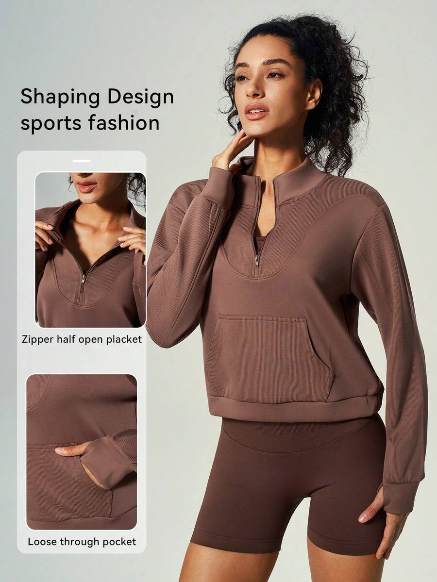 UONNOU 1 pezzo Felpa casual sportiva da donna con piccolo colletto a camicia e zip semi-aperta sul davanti, con tasca frontale a tutta lunghezza, design con foro per il pollice per maggiore movimento, tessuto morbido e confortevole. Questa felpa delicata e che valorizza la figura offre una vestibilità rilassata ma snellente, perfetta per sport all'aperto, jogging, allenamenti e uscite casual quotidiane. Disponibile in stili autunnali e invernali