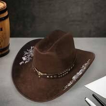 Women Men Embroidery Cowgirl Hat Wide Brim Cattle Head Belted Wool Hat Felt Jazz Cap For Party - Cà phê nâu - Xem 2