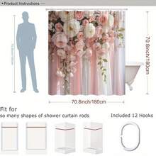 2D Flat Print Elegant Floral Pattern Artificial Gemstone Shower Curtain Decorated With Soft Pink And White Roses, Peonies, And Draped Fabric Suitable For Wedding Home Decoration Bathtub Curtain Includes  Size 70.8x 70.8inch 2D Flat Style - 彩色 - 查看 3