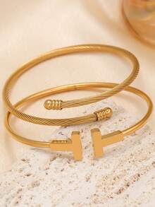 时尚优雅的扭曲不锈钢女士手链，适合多种场合，可堆叠，也适合作为送给朋友的礼物 - 金黃色 - 查看 7