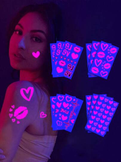 临时纹身 | 防水心形贴纸 | 女孩生日派对礼品发光纹身 | 音乐节必备品 | 派对用品 | 夜光派对用品 | 唇形和心形闪光图案 | 爱心夜光纹身贴纸 | 闪光假防水纹身，适用于女性男性身体面部艺术（夜光图案）