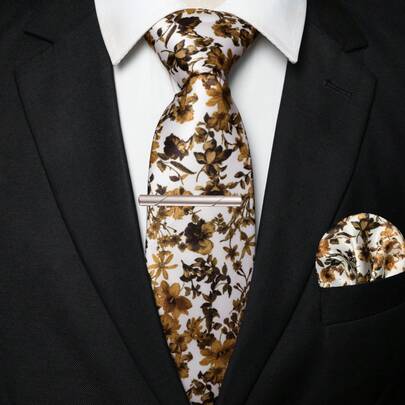 1pc/2pcs/3pcs Men's White & Yellow Floral Print Tie, Pocket Square, Silver Tie Clip, Cufflinks And Lapel Pin Combination Set, Suitable For Workplace, Business, Meetings, Weddings, Graduations And Other Occasions, Great Gift For Men's Birthday, Thanksgiving, Christmas, New Year