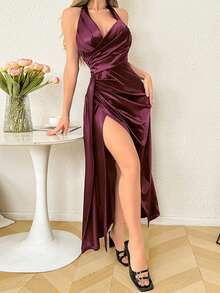 Onicee 女士优雅秋季连衣裙，时尚深 V 领缎面褶皱高开衩连衣裙 - 酒紅色 - 查看 5