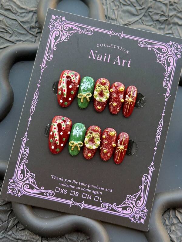 10pcs Set Of Y2K Christmas-Style Almond-Shaped Nail Stickers, Handmade, Classic Red And Green Combination, Decorated With Handmade Candy And Wreaths, Gold Bows And Gold Hand-Painted Patterns. Medium Length, Suitable For Women And Girls, Ideal For Holiday Wear, Attending Events, DIY Nail Art, Including Tool Kits. Almond-Shaped Nails. Handmade Nail Stickers. False Nails. Nail Supplies.