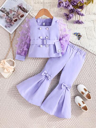 2pcs Girls Spring/Autumn Elegant Embroidered Mesh Long Sleeve Top With Belt And Flared Pants With Bow Decor, Formal Outfit