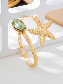 1 件创意时尚新款海星开口巴洛克仿珍珠臂章，优雅女士夏季海滩度假派对婚礼度假音乐节节日礼物珠宝，精灵服装，美人鱼配饰 - 金色+淺綠色 - 查看 4