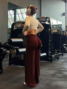 Quần ống rộng cạp cao tối giản dành cho nữ, quần legging thể thao thoải mái thường ngày, quần yoga ống loe co giãn cao, đồ thể thao nữ, vải dệt kim, co giãn và thoải mái, phù hợp cho mặc hàng ngày và hoạt động thể thao mùa xuân. - Màu Đỏ Sâu - Xem 2