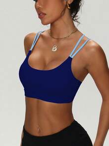 Women's Solid Color Round Neck Criss-Cross Removable Padded Fashionable Knit Sports Bra - Navy Blue - View 5