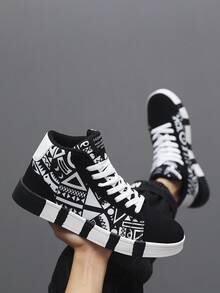 Pantofi sport sport casual confortabili pentru bărbați, cu șireturi înalte, cu model geometric, alb-negru, cu graffiti, cu litere patchwork, stil Fndy Personalities