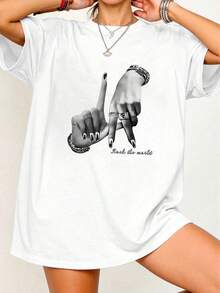 Plus Size Women Casual Gesture Print Short Sleeve T-Shirt - White - View 4