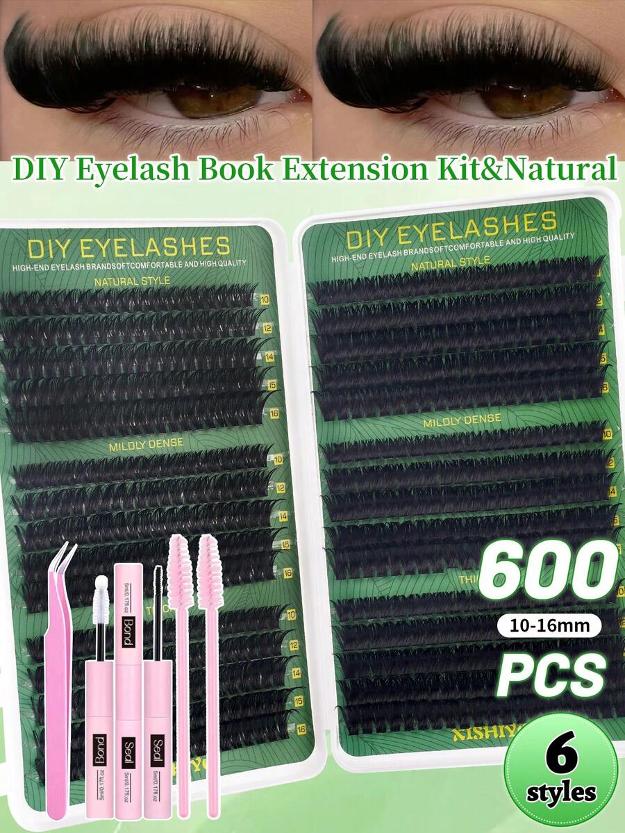 600/570/300/290/270片装个人假睫毛套装，D型卷度10-16mm混合DIY假睫毛套装，自然逼真，柔软顺滑，浓密耐用，包含胶水、封层剂、镊子，适合初学者，日常、派对、音乐节等场合。