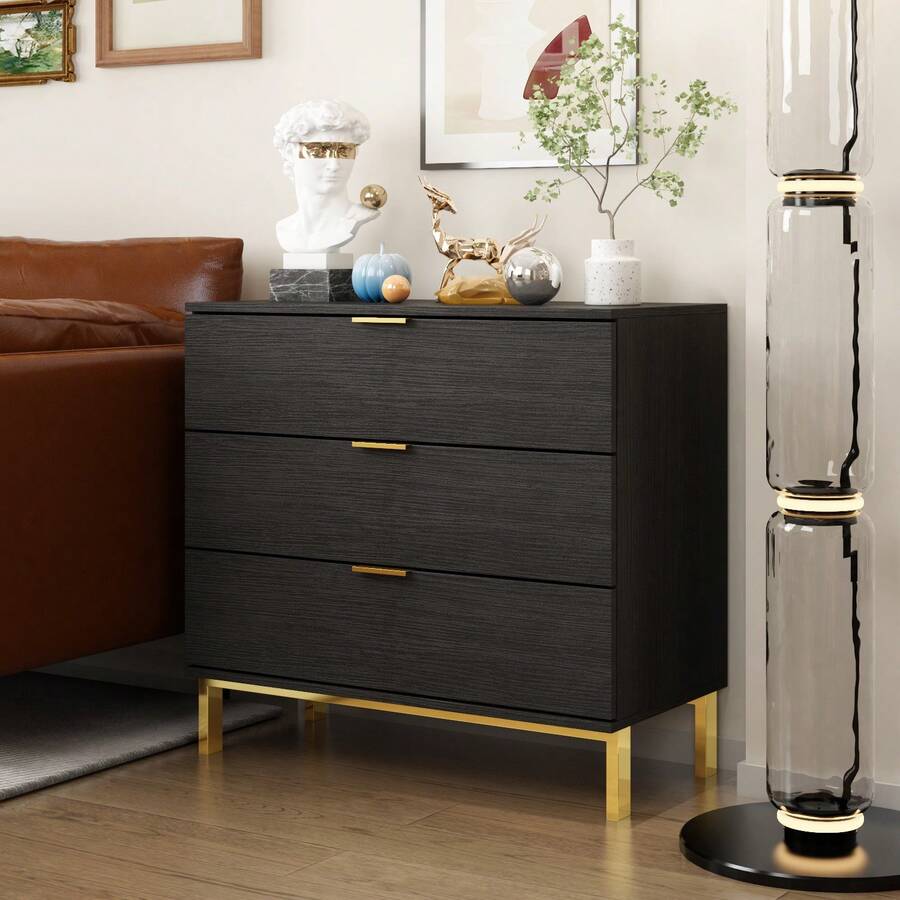 ECACAD Modern Chest Of Drawers, Nightstand Bedside Table With 3 Drawers And Metal Legs For Bedroom Living Room - màu đen - Xem 1