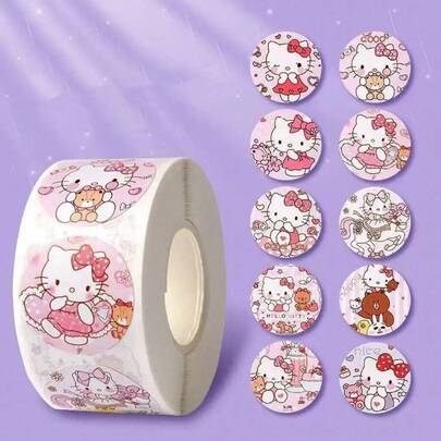 1 rollo/500 piezas Pegatinas de dibujos animados de Hello Kitty y la familia Sanrio, pegatinas de gato Kitty para manualidades DIY