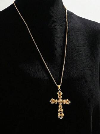 1pc Vintage Baroque Skull Relief Unconventional Design Pendant Cross Necklace Suitable For Women's Daily Wear