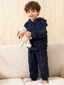 2pcs Young Boy Warm Fleece Lined Cute Bear Pattern Hoodie And Pants Set - Perfect For Autumn/Winter, Ideal For Outdoor Activities - 藏蓝色 - 查看 11
