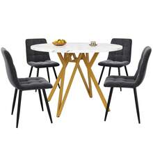 Dining Table Set (5 Pieces), Dining Table Set With 4 Chairs, Modern Kitchen Dining Table Set, 100cm Diameter Round Kitchen Table And Gold Metal Legs, MDF Marble Table Top, Grey Dining Chairs - Gold + Gray + Linen + MDF - View 9