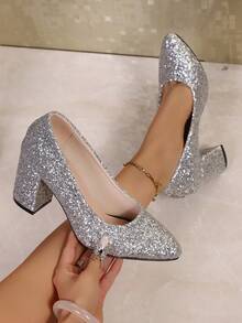 2025 Fashion Women's Pumps, Comfortable Chunky Heel, Classic Elegant Pointed Toe, Office Lady Dress Shoes, Non-Slip Low Vamp Versatile Thick High Heels, Slip-On Sexy Pumps - Silver - View 5