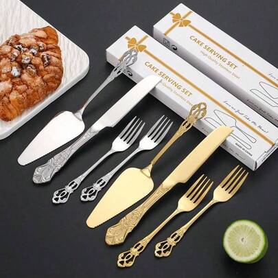 2/3/4 Piece Set Elegant Stainless Steel Cake Cutlery Set With Floral Handle - Perfect For Mother's Day, Weddings And Special Occasions. Dishwasher - Also An Ideal Gift For Birthdays And Anniversaries. Cake Cutlery | Floral Handle | Cake Cutting Tool, Cake Decorating Supplies.