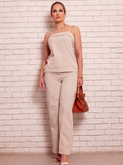 Conjunto Feminino em Linho Misto Calça Reta Social e Blusa Linho Misto  Elegante – Moda Alfaiataria