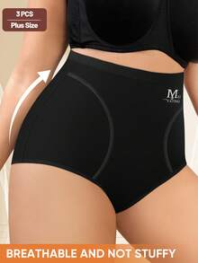 3 quần lót cạp cao cỡ lớn cho nữ, kiểm soát bụng, co giãn, mềm mại, thoáng khí - màu đen - Xem 5
