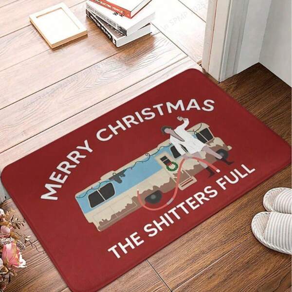 Anti-Slip "Merry Christmas Shitters Full" Doormat - Cousin Eddie Theme, Festive Red With Holiday Decor, Machine Washable Polyester, Suitable For Living Room, Bedroom And Outdoor Spaces, Christmas Doormat Kitchen Rug