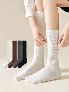 1 Pair Women's Simple Black & White Slim Calf Socks, Warm Long Socks Suitable For Daily Wear With Leather Shoes, Autumn/Winter - Multicolor - View 6