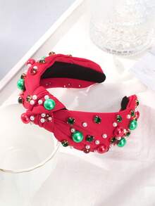 1pc Christmas Knot Faux Pearl Rhinestone Headband, Holiday Party Hair Accessory For Women ,Hair Hair Hoop