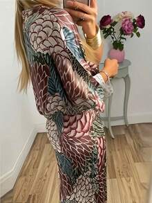 Women's Retro Floral All-Over Print Single-Breasted Top And Fish Tail Midi Skirt, Casual Bohemian Elegant Suit - Multicolor - View 5