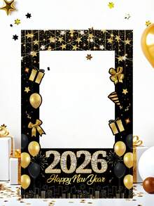 1 قطعة إطار صور ورقي أسود وذهبي لعام 2026 الجديد، ديكورات رأس السنة الجديدة مع البالونات والهدايا والألعاب النارية والنجوم، لوازم احتفالات رأس السنة الجديدة، لوازم ديكور ليلة رأس السنة الجديدة، أكسسوارات صور حفلة العطلات
