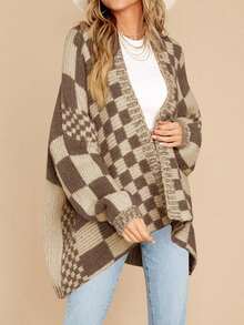 Womens Oversized Plaid Knit Cardigan Sweater Color Block Checkered Open Front Long Sleeve Coat - 深卡其色 - 查看 3