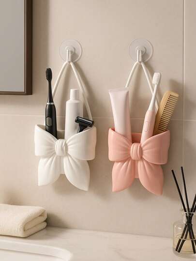 Blush Pink And White Bow Toothbrush Holders, Soft Morning Light Bathroom Decor